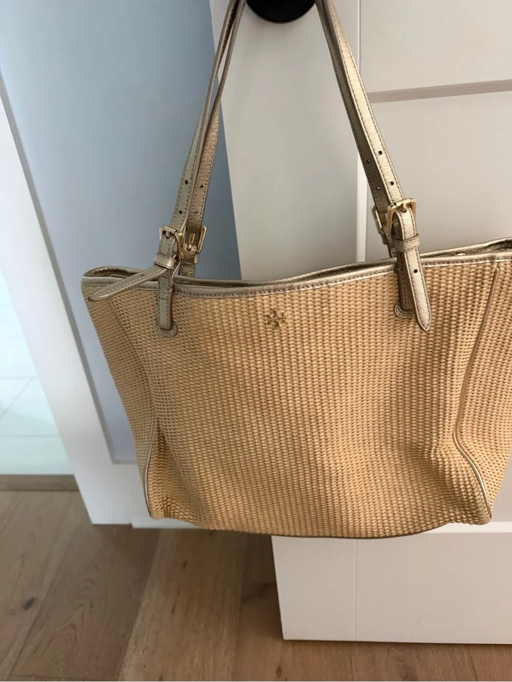 Tory Burch Natural Woven Tote with Metallic Trim